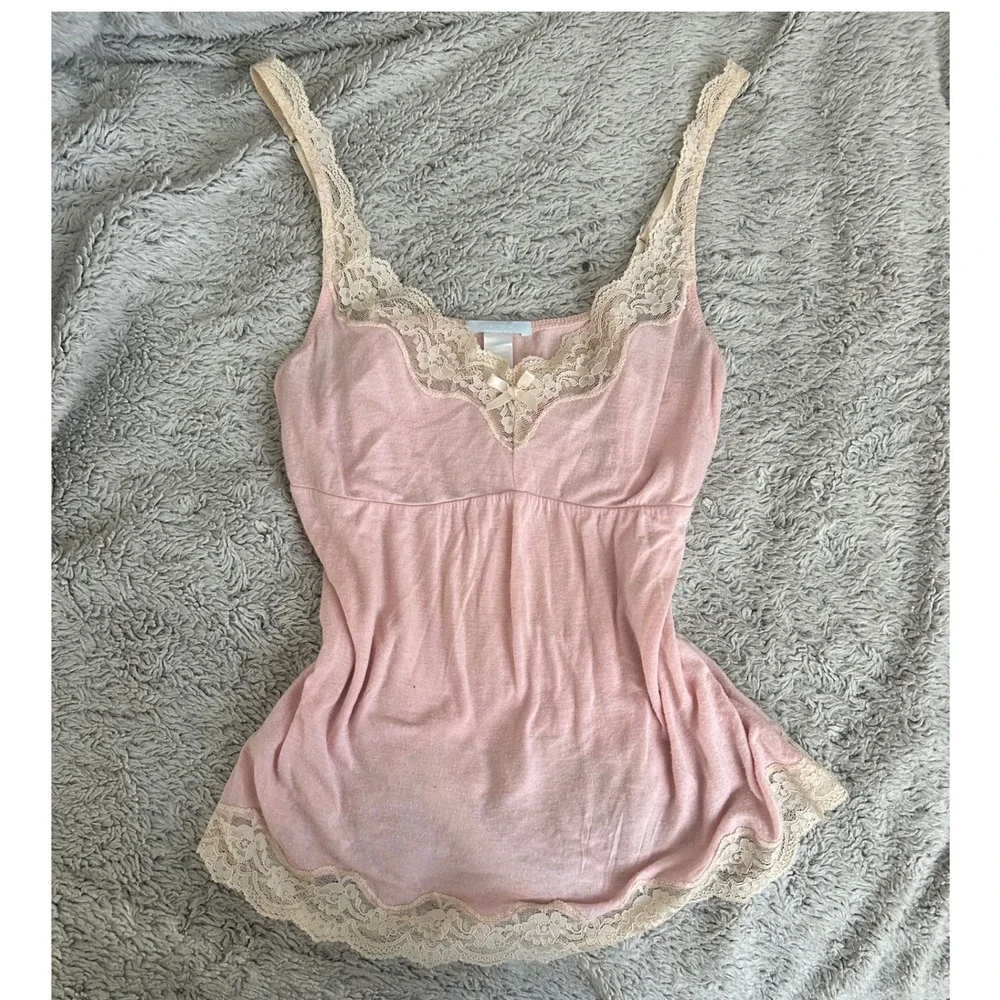 Eberjey Pink Lace Trim‎ Babydoll Camisole Top Empire Waist Layer Y2K Angelcore - Picture 7 of 8